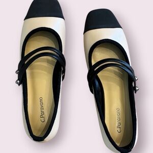 C Paravano Women's Black Cap Toe Mary Jane Flats Shoes Size 38.5 NWT
